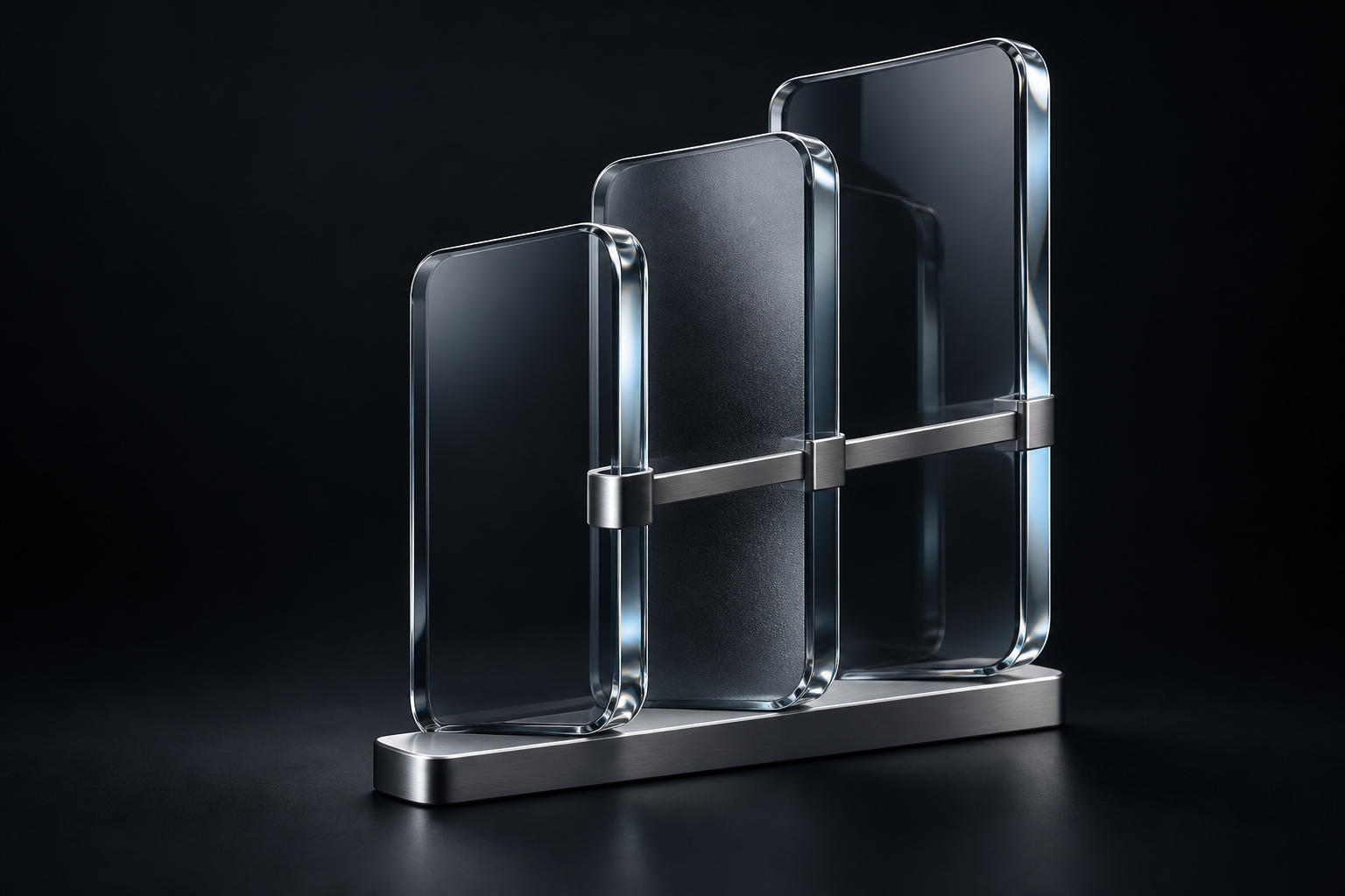 Three bevelled glass plates held in a satin metal frame